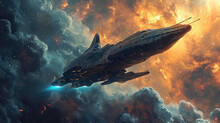 Digital Art Spaceship Flying In Interstellar Space
