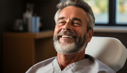 Canvas Print - A cheerful, confident man sitting indoors, looking at camera generated by AI