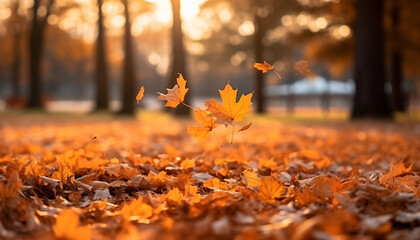 Canvas Print - Vibrant autumn leaves falling, painting nature beauty in October generated by AI