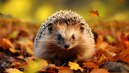 Wall Mural - Cute hedgehog sitting on grass, looking at autumn leaves generated by AI