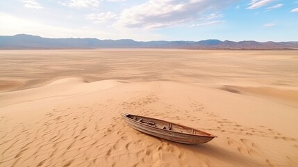 A rowing boat lies wrecked on a dune in the desert without water