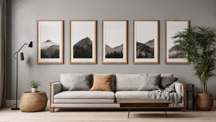 Wall Mural - Blank poster wooden mock up frames on the wall in living room interior