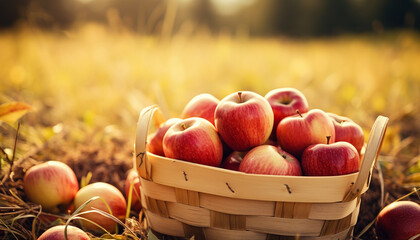 Poster - Fresh, ripe apples in a wicker basket, surrounded by nature generated by AI