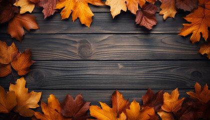 Sticker - Autumn leaves falling, vibrant colors on old rustic wood generated by AI