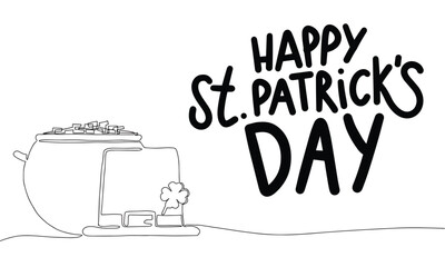 Web banner Happy St. Patrick's Day with line art illustration and handwriting text. Hand drawn vector art.