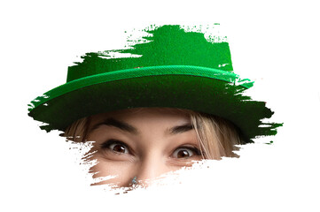 St. Patricks Day woman. Beautiful smiling woman wearing green hat.