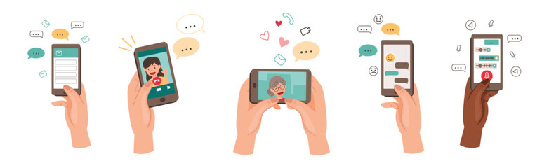 Hand with Smartphone Device Use Different App Vector Set