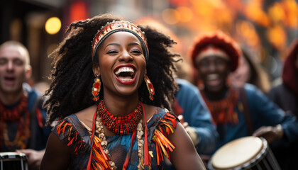 Poster - Young adults enjoying a music festival, smiling and dancing together generated by AI