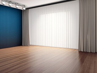 Wall Mural - a room with a wooden floor and a curtained window