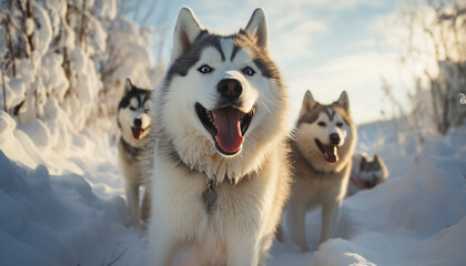 Sticker - Cute sled dog running in snowy forest, bringing joy generated by AI