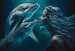 Mermaid with Dolphin Undersea. Generative AI