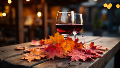 Wall Mural - Autumn leaf on wood table, wineglass filled with red wine generated by AI