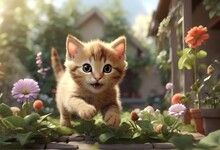 Cute Kitten In Home Garden 3D Rendering, Smiling, Jumping