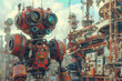 A unique steampunk robot with avant garde ornaments unsaturated colors set in a cyberpunk city background