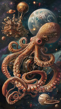 A Steampunk Octopus Maneuvering An Antique Spaceship Among Otherworldly Celestial Bodies