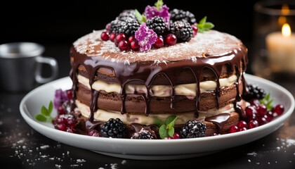 Canvas Print - Homemade gourmet chocolate cake with raspberry and blueberry decoration generated by AI