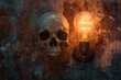 Design an eerie backdrop with a seamless amalgamation of a skull and light bulb