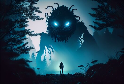 Scary alien monster in the misty night forest. The creepy silhouette of a huge creature with glowing eyes is illuminated by the moon. 3D rendering. AI generated. Generative AI