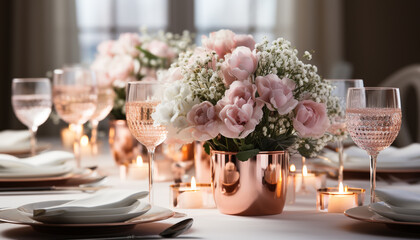 Canvas Print - Elegant wedding table with luxurious flower bouquet and candle decoration generated by AI