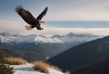  A landscape of snow-capped mountains with a majestic bald eagle hovering in the foreground among the evergreen trees at the foot of the hills.