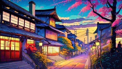 Wall Mural - a beautiful japanese tokyo city town in the evening houses at the street anime comics artstyle cozy lofi asian architecture 16 9 4k resolution generative ai