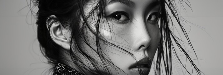 Wall Mural - Black and white photo of beautiful Asian girl, close-up portrait of woman, banner