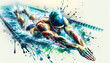 Dynamic watercolor illustration of a male swimmer in mid-stroke, splashing water energetically, with droplets and strokes of color highlighting the movement.Sport concept.AI generated.
