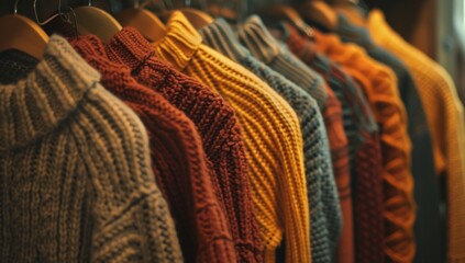 different knitted sweaters hanging on hangers Generative AI