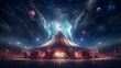 A cosmic circus tent stretching across the night sky, with surreal performers and acrobats soaring through the air on beams of starlight