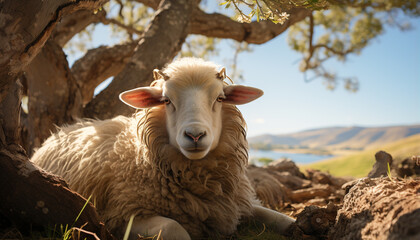 Wall Mural - Cute lamb grazing in green meadow, looking at camera generated by AI