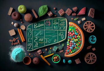 Composition of colourful chalk drawings relating to chemistry and maths on green chalkboard. Generative AI