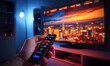 Man hand switches the TV channels with TV controler, smart TV backgroun