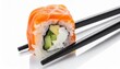 sushi roll with black chopsticks isolated on white background