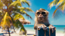 Cool Animal On Vacation On The Beach With A Cocktail. A Funny Monkey Relaxes On A Lounge Chair By The Pool, Enjoying A Tropical Cocktail And The Warm Sun. Concept Of Relaxation And Fun At An All-inclu