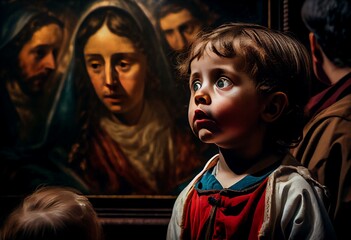 VALENCIA, SPAIN - FEBRUAR 17, 2022: The painting of Jesus among the children in the church Basilica Sagrado Corazon from year 1897. Generative AI