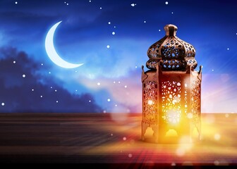 Wall Mural - Ramadan Kareem Arabian Lantern on the blue night sky