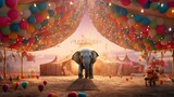 Fototapeta  - Polka-dotted elephants juggling rainbow-colored balloons in a whimsical circus tent