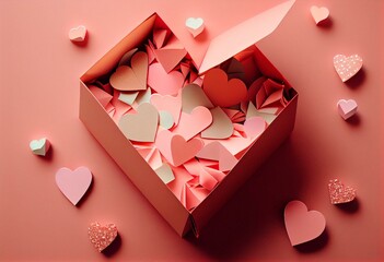 Wall Mural - Gift or present box and paper hearts on pink table for Valentine day greeting card. Flat lay style. Generative AI