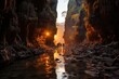 Speleologists explore cave with underground river., generative IA