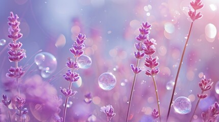 Wall Mural -  a close up of a bunch of flowers with soap bubbles in the middle of the flowers and water droplets in the middle of the flowers, with a blue sky in the background.