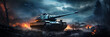 tanks, in the style of poster, dramatic atmospheric perspective, photorealistic wildlife art, smokey background, photo-realistic landscapes, vivid energy explosions, dark cyan and light bronze