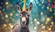 happy cute animal friendly donkey wearing a party hat celebrating at a fancy newyear or birthday party festive celebration greeting with bokeh light and paper shoot confetti surround party