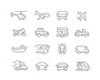 Various Vehicles Icon collection containing 16 editable stroke icons. Perfect for logos, stats and infographics. Edit the thickness of the line in Adobe Illustrator (or any vector capable app).