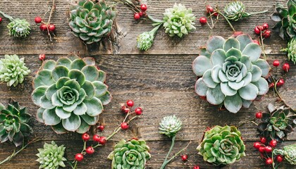 Poster - floral frame with succulents minimal creative berry arrangement pattern on wooden background flat lay top view christmas background wallpaper