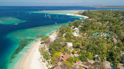 Wall Mural - Amazing aerial view of Gili Air coastline on a sunny day, Indonesia