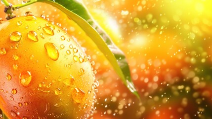 Wall Mural - a close up of a yellow apple with water droplets on it's surface and a green leaf on the right side 
