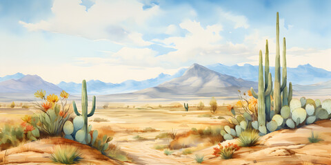 Watercolor illustration of desert sandy landscape with cactuses, mountains and blue sky