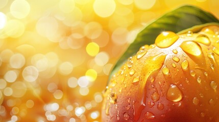 Wall Mural -  a close up of an orange with drops of water on it's surface and a yellow boke of light in the background with a blurry boke of the background.