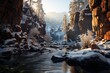 Frozen waterfall in the winter mountains., generative IA
