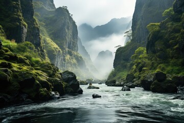 Canvas Print - Majestic water drop between steep mountains., generative IA